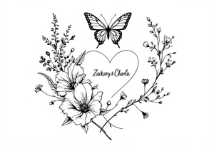 Flowers, heart and buttherfly with name Zackary and Charlie tattoo idea