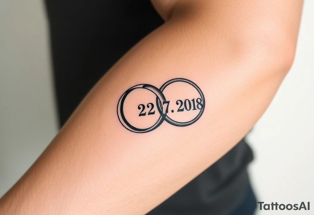 two wedding rings as symbol of infinity with date 22. 7. 2018 tattoo idea