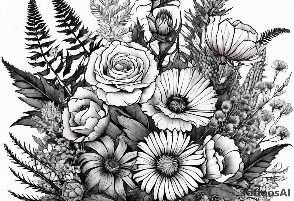 spread out mixed wildflower bouquet with ferns, thistle and with color tattoo idea