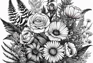 spread out mixed wildflower bouquet with ferns, thistle and with color tattoo idea