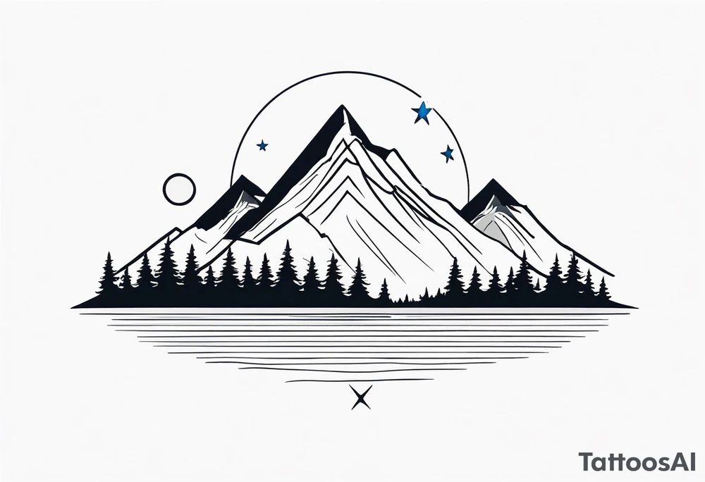 Mountain Skyline with one High Peak. Water in Front. Mountain Peak with circle dotted Line. Two Stars. Mountain and water Run Out flat in the side tattoo idea