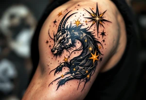 An abstract Capricorn tattoo featuring bold black lines and radiant yellow stars scattered in the pattern tattoo idea