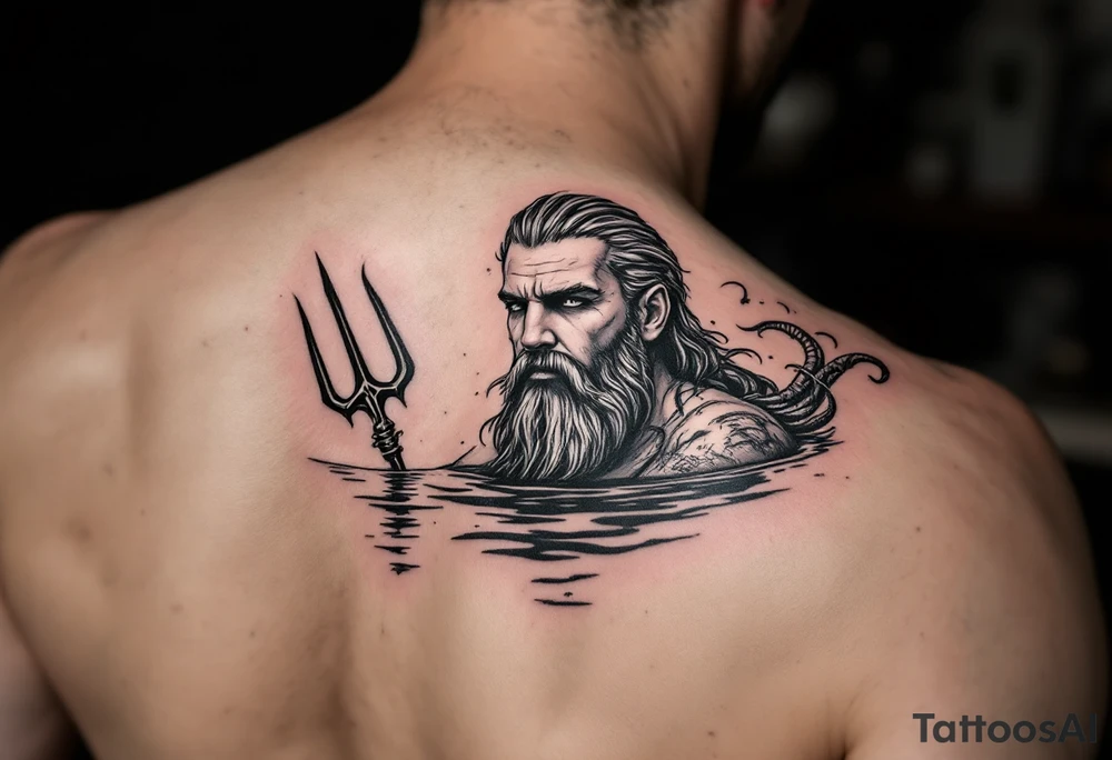 poseidon with trident half way in calm water tattoo idea