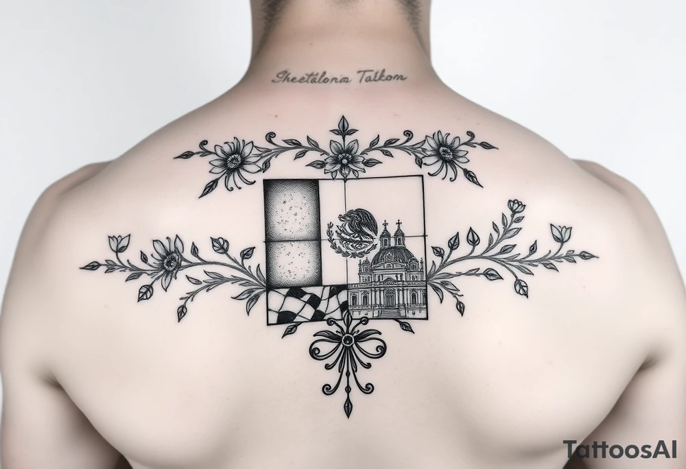 Small, feminine tattoo for placement on my clavical or lower back that reflects new life journey, delicate florals, ornaments and vines. Include Mexican flag and images of San Miguel de Allende, Mexico Style as if it is four tiles. tattoo idea
