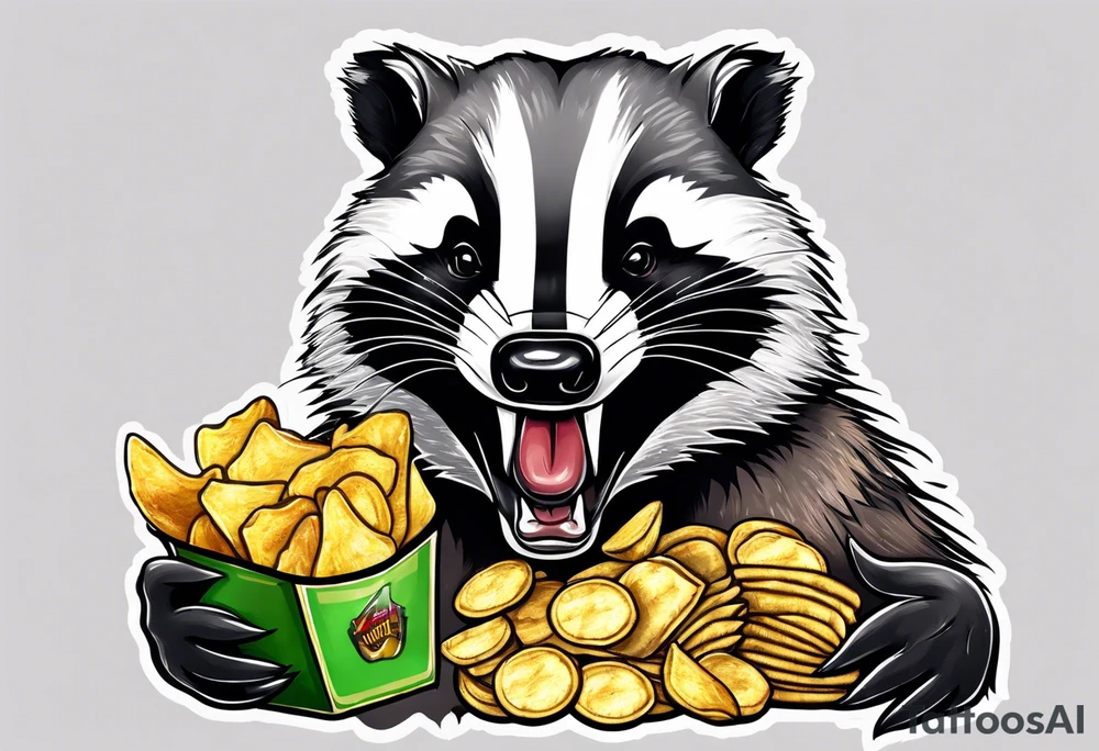 Angry badger with mouth open holding bag of chips tattoo idea