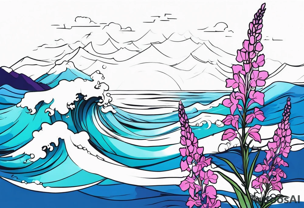 ocean wave with lupin flower and fireweed tattoo idea