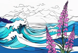 ocean wave with lupin flower and fireweed tattoo idea