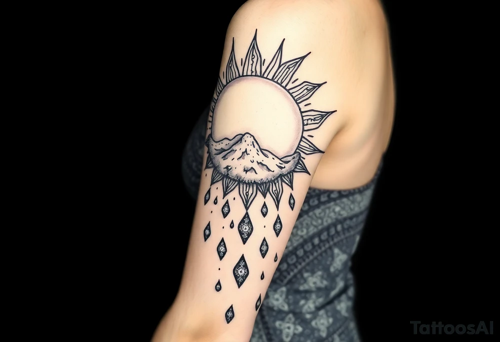 A large sun melting a snow flake and the snow flakes turning into rain drops as it rains down tattoo idea