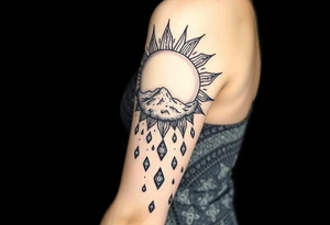 A large sun melting a snow flake and the snow flakes turning into rain drops as it rains down tattoo idea