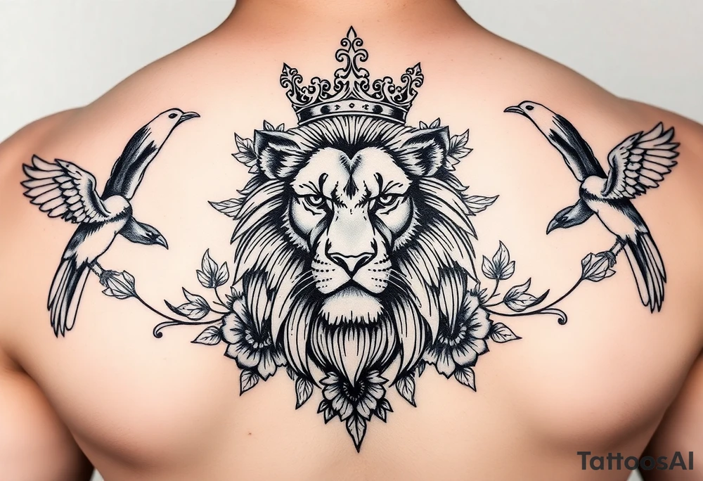 powerful majestic lion with a crown, surrounded by floral ornaments and birds tattoo idea