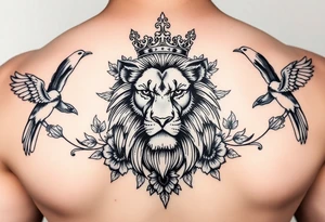 powerful majestic lion with a crown, surrounded by floral ornaments and birds tattoo idea