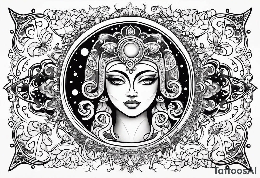 Feminine alien Sun and moon. Freeform rectangular sternum swirls with dots and stars tattoo idea