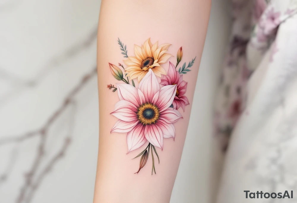 Sunflowers and stargazer lillies in pink and white in a dainty wildflower bouquet tattoo idea
