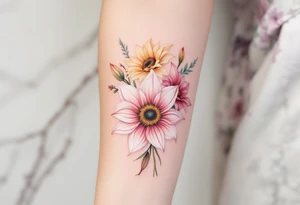 Sunflowers and stargazer lillies in pink and white in a dainty wildflower bouquet tattoo idea