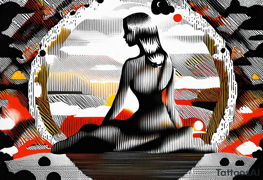 Straight blonde hair girl meditating facing away toward mountains surrounded by mushrooms crescent moon mandala circular design black and white striped dress tattoo idea