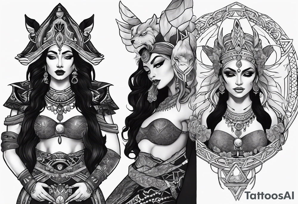 kali ma, alien goddess, valkrye, aries, pirate, divine feminine, zenza resonance, pachamama, lotus azul, blank panther, eagle, skull, 5D, nueva gaya, dna 12, left side chest tatoo tattoo idea