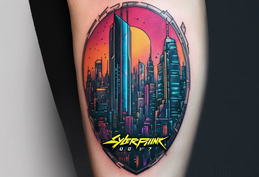 cyberpunk 2077, forearm tattoo, geometric, subtle, men, city skyline, bright colour, tattoo idea