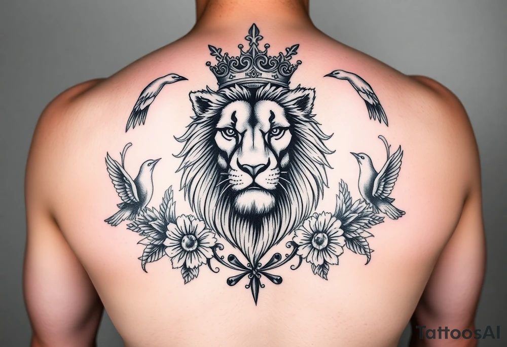 powerful majestic lion with a crown, surrounded by floral ornaments and birds tattoo idea