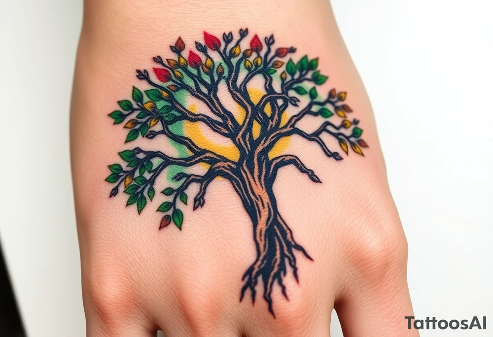Vibrant tree of life Jamaican and Irish colours tattoo idea