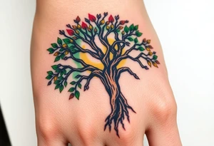 Vibrant tree of life Jamaican and Irish colours tattoo idea