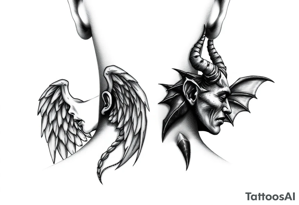 position behind the neck Angel (on the right) whispering in the right ear, demon (on the left) whispering in the left ear. It must be as realistic as possible. tattoo idea