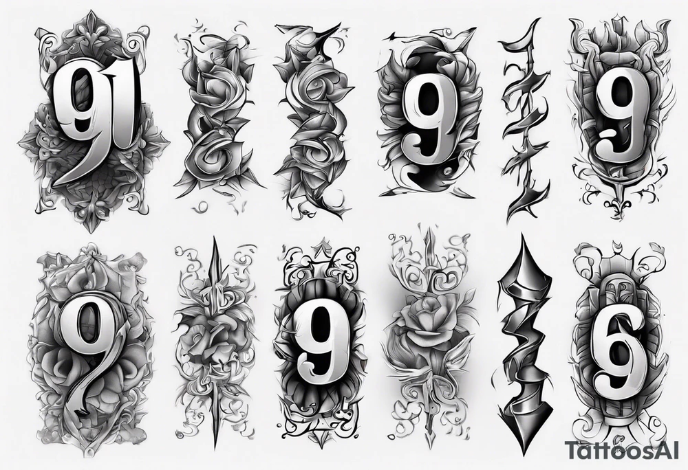 number 9 right side up and upside down connected tattoo black and grey on inside forearm 9:16 aspect ratio tattoo idea