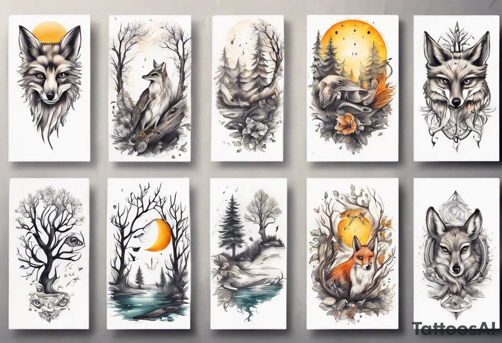 sonne, eule  wald, fuchs 
baum, sapere aude, Wasser, fisch tattoo idea