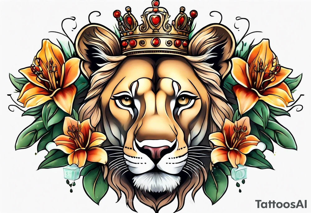 Lioness with money crown and lilies tattoo idea