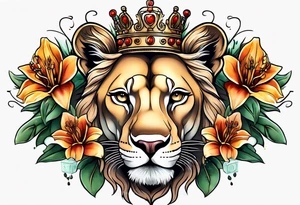 Lioness with money crown and lilies tattoo idea
