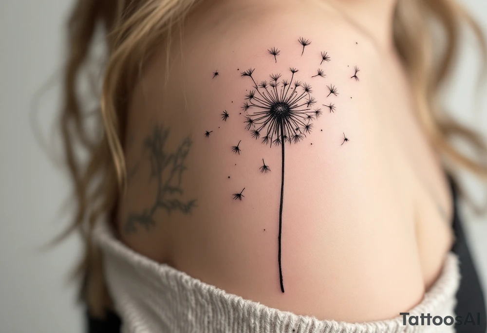 Hand-poked effect dandelion in faded black, looking softly aged, seeds scattered lightly across the shoulder. tattoo idea