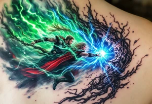 Chris Hemsworth’s Thor epic battle against Hela, green energy clashing with his blue lightning, in a cinematic full-color piece. tattoo idea