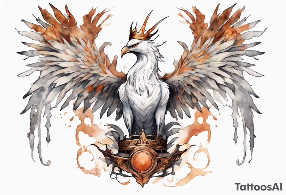 a white phoenix wearing rusted iron crown, perched on a throne tattoo idea