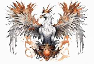 a white phoenix wearing rusted iron crown, perched on a throne tattoo idea
