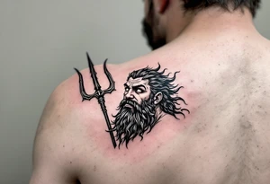 funny poseidon, behind a trident, looking at the sky tattoo idea