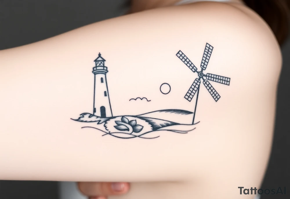 Create imagine with one half of a lighthouse and one half of a farm windmill tattoo idea