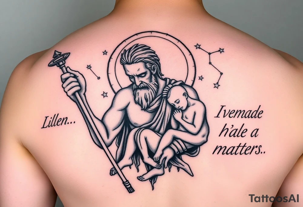 a tattoo design of the Greek God Saturn but older and nearly dying holding a spear with the astrology Saturn symbol as the spear head, in his other arms cradling a twin dying younger version of himself. The gemini constellation is in the background behind the Saturn Gods. The words "I'll be better on Saturn" on one side and "None of this matters" on the other side tattoo idea