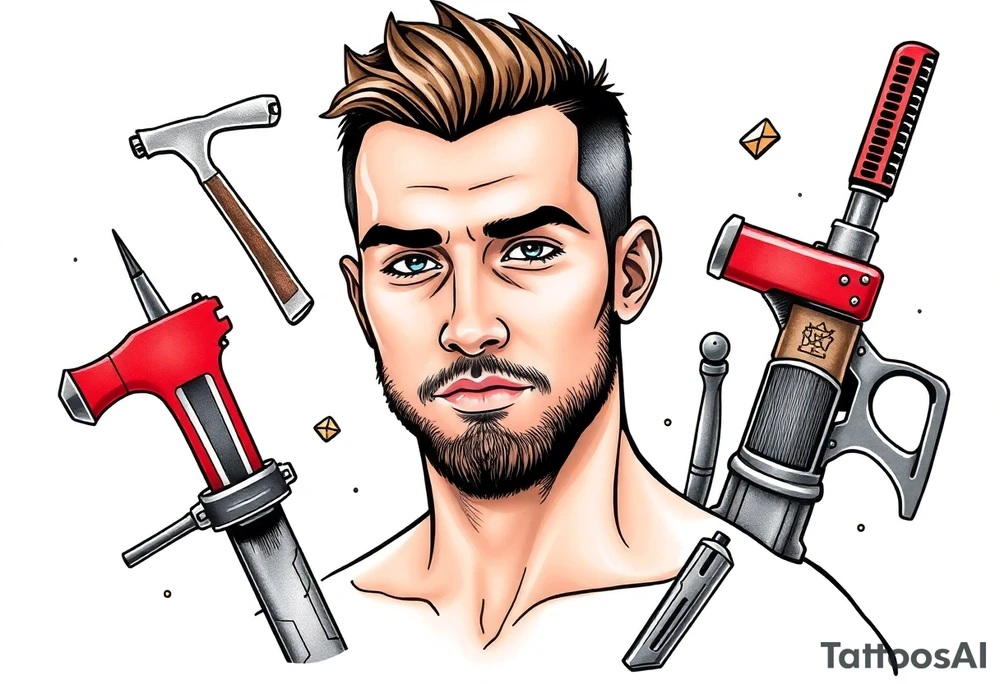 Handsome young adult guy is  occasionally found witch supplies, tools, equipment tattoo idea