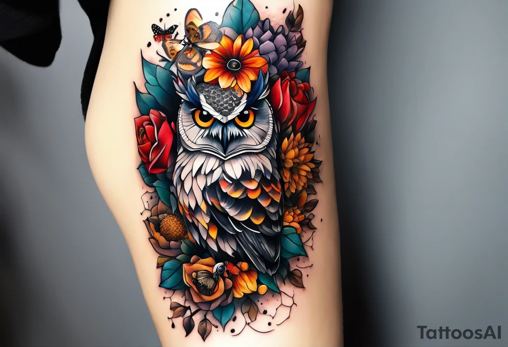A lower forearm sleeve full colour coming down from a bicep with flowers joined with honeycombs, Mandela flowers, and owl, bees, pinecone, lady bugs. tattoo idea