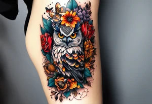 A lower forearm sleeve full colour coming down from a bicep with flowers joined with honeycombs, Mandela flowers, and owl, bees, pinecone, lady bugs. tattoo idea