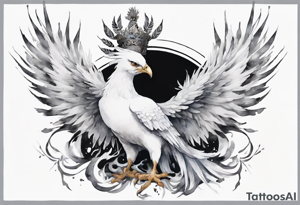 a white phoenix wearing a grey crown tattoo idea