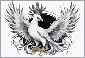 a white phoenix wearing a grey crown tattoo idea