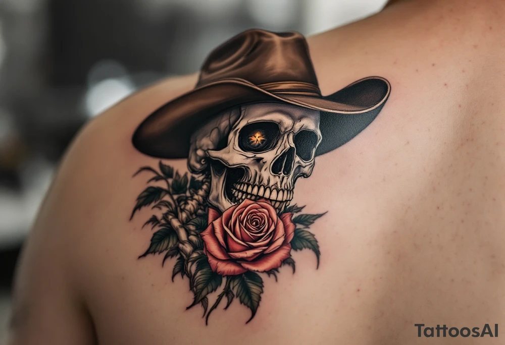 skeleton cowboy with rose in teeth tattoo idea