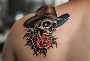 skeleton cowboy with rose in teeth tattoo idea