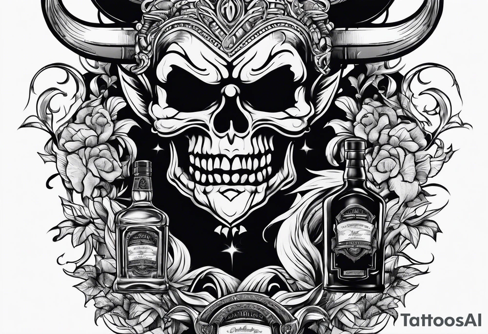 Devil holding whiskey bottle tattoo idea
