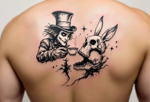 The mad hatter pouring tea on the white rabbit with an open skull tattoo idea