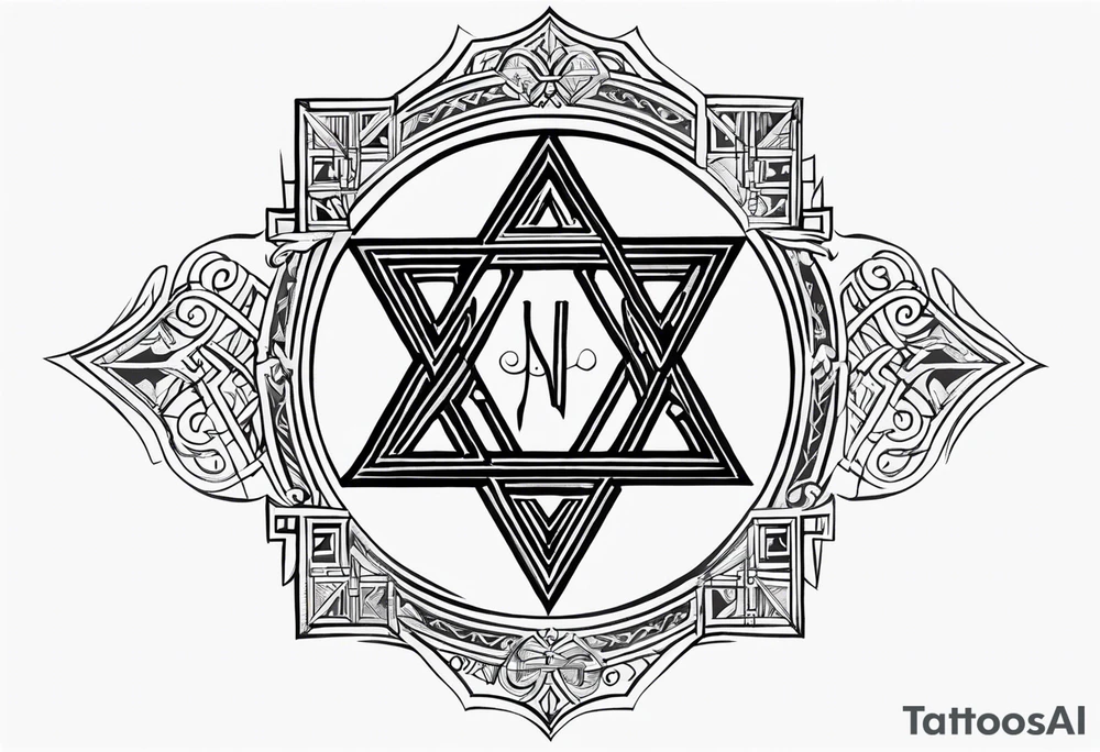 Ancient tetragrammaton to represent God's chosen one with elegant flair and the names "Vivian" and "Brandon" hidden in the background tattoo idea