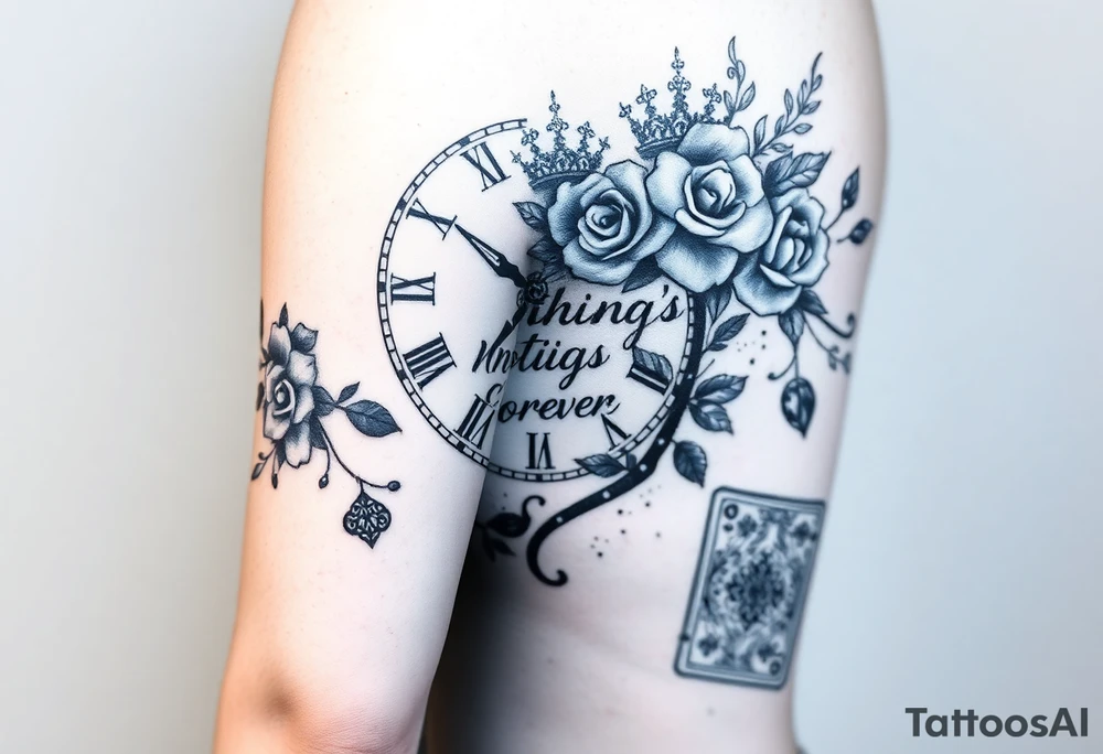 Roman clock with roses and a crown,  a quote that says nothings forever. and on the bottom a deck of cards tattoo idea