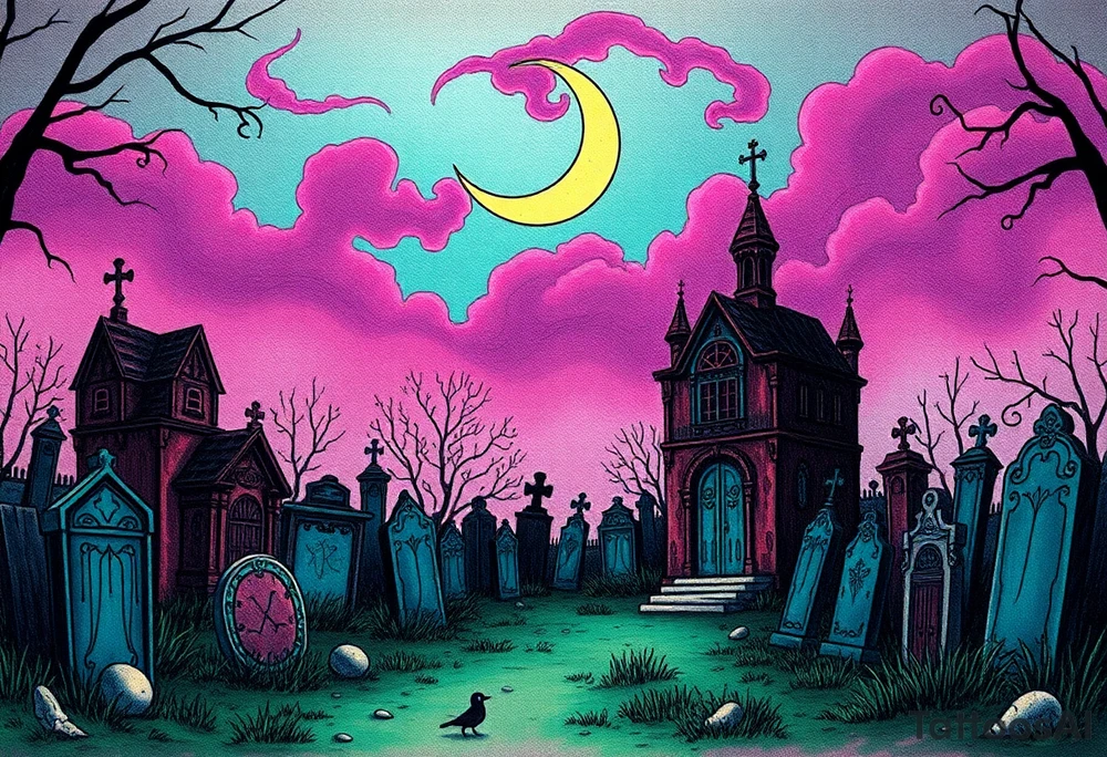 Tim Burton’s haunted victorian graveyard is abandoned and dripping with muted reds, dusty pinks, and eerie green glow.purple and cyan smokey clouds swirl in the crescent moonlit sky thats sprinkled with stars tattoo idea tattoo idea