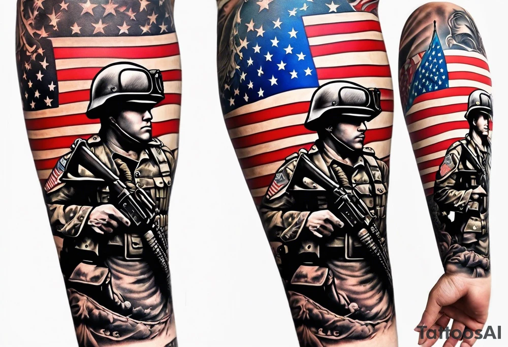 United States Marine Corps and American Flag arm sleeve with soldiers memorial tattoo idea