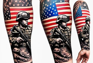 United States Marine Corps and American Flag arm sleeve with soldiers memorial tattoo idea